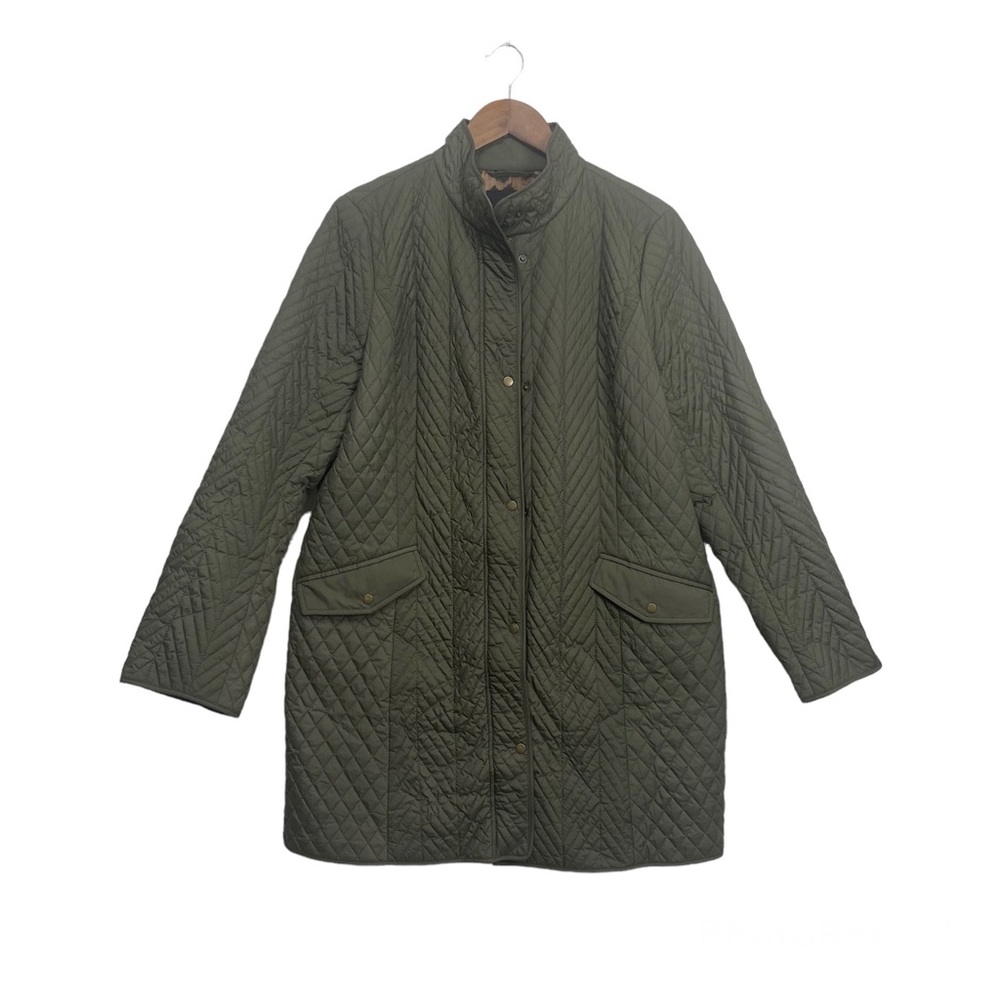 Talbots Green Diamond Quilted Long jacket Leopard printed Size 14
